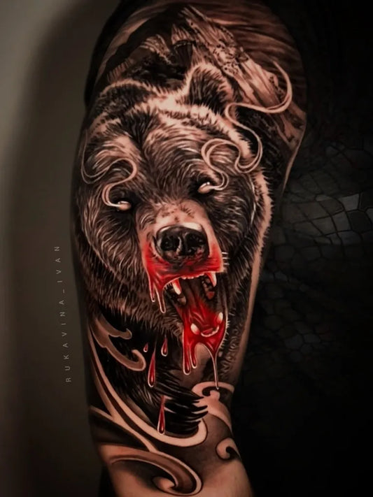 Big Black and Grey Bear with Blood on Men Arm Tattoo by @rukavina_ivan