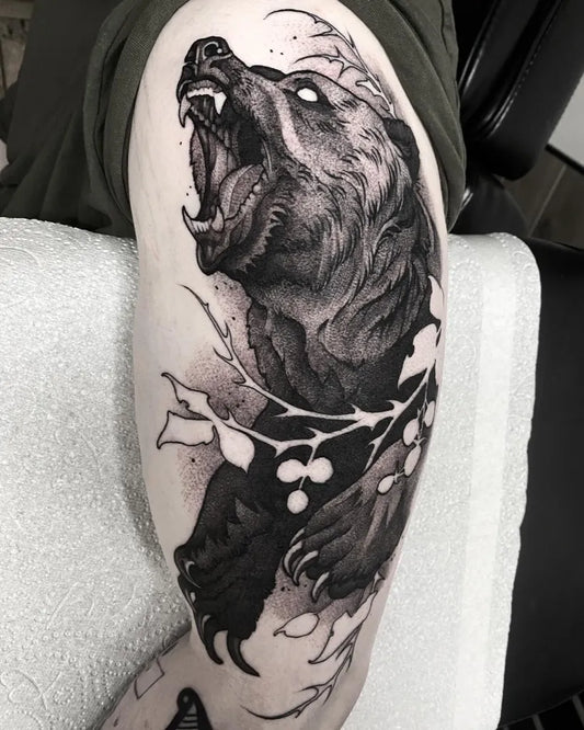 Big Black and Grey Bear with Branches on Men Arm Tattoo by @whitedeertattoo