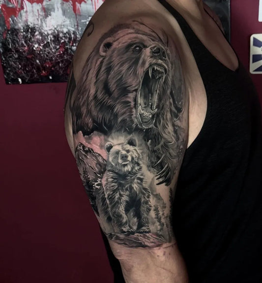 Big Black and Grey Bear with Cub on Men Arm Tattoo by @necultra.tattoo