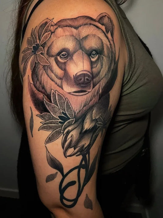Big Black and Grey Bear with Flowers on Women Arm Tattoo by @lovealways_kenzie