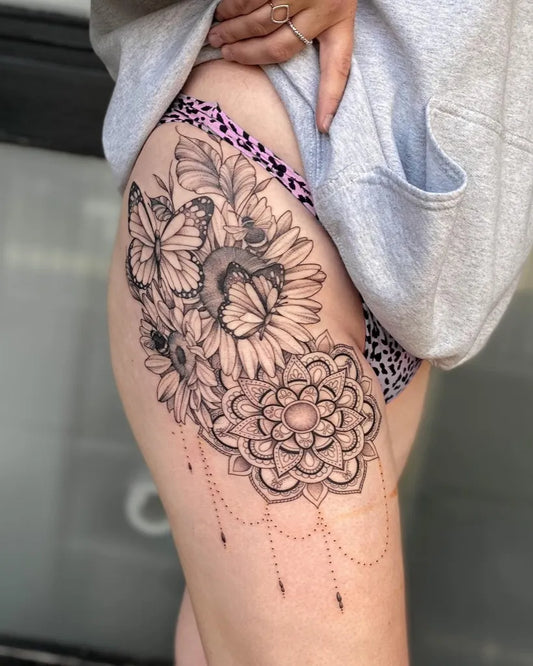 Big Black and Grey Butterflies Sunflowers Mandala Tattoo on Women Hip by @michaela_leightattoo