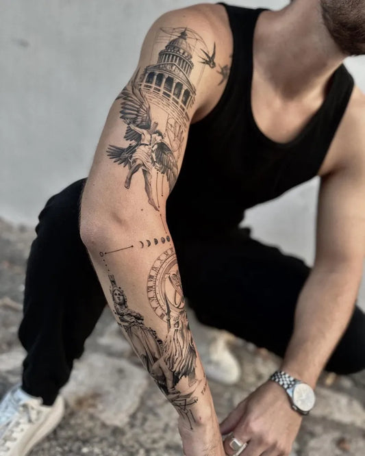 Big Black and Grey Capitol Building Birds Clock on Men Arm Tattoo by @robb.tattoo