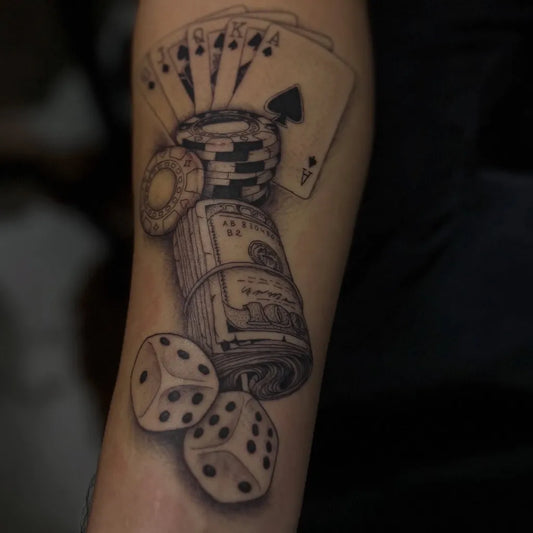 Big Black and Grey Casino Dice Money Tattoo on Men Arm by @georgiapeach.tattoos