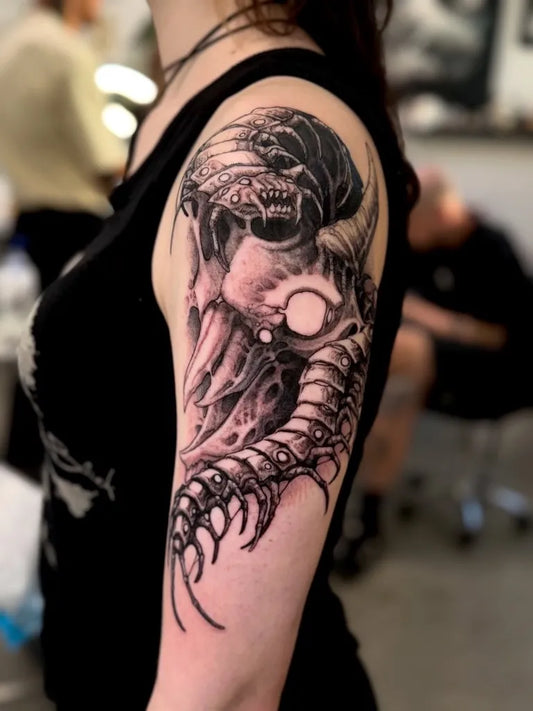 Big Black and Grey Centipede Skull Tattoo on Women Shoulder by @tankeater_