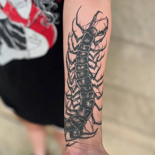 Big Black and Grey Centipede Tattoo on Women Arm by @sarendipity_ink