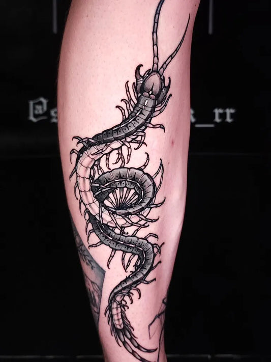 Big Black and Grey Centipede Tattoo on Women Leg by @inkeyestattoo