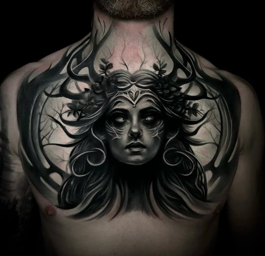 Big Black and Grey Cernunnos Woman Tattoo on Men Chest by @salvationtattoostudio