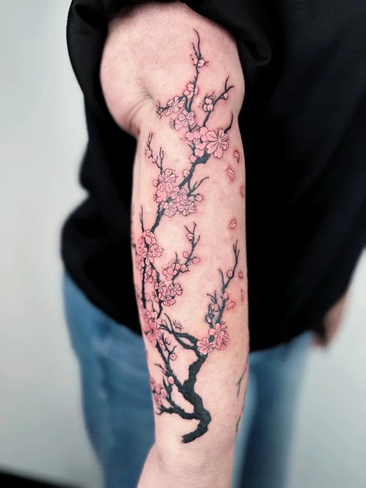 Big Black and Grey Cherry Blossom Branches on Men Arm Tattoo by @jiang_tattooer