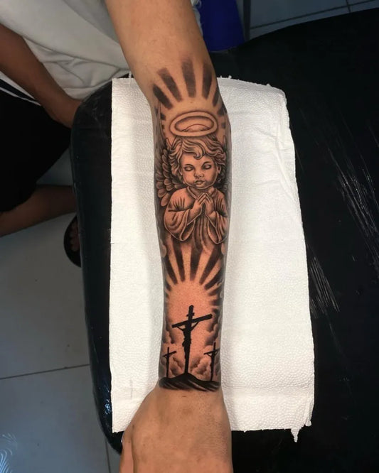 Big Black and Grey Cherub Angel 3 Cross Tattoo on Men Arm by @cleitonnz_