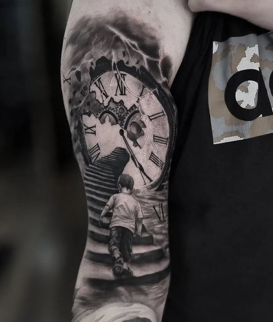 Big Black and Grey Child Climbing Stairs to Clock Tattoo on Men Inner Arm by @street_tattoo_studio