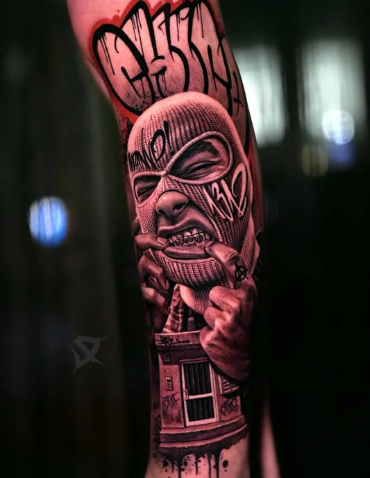 Big Black and Grey Cholo Mask House Tattoo on Men Arm by @9igl_tattoo