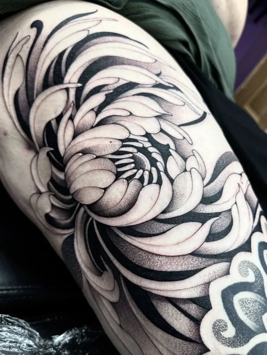 Big Black and Grey Chrysanthemum Black Tattoo on Men Thigh by @paulrigby_tattoo