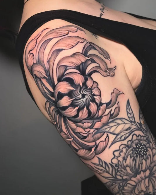 Big Black and Grey Chrysanthemum Leaves Tattoo on Women Shoulder by @artbysantiago