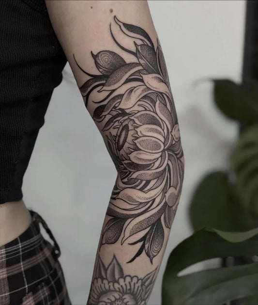 Big Black and Grey Chrysanthemum Tattoo on Women Arm by @heidifureytattoo