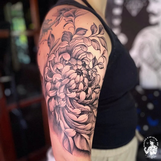 Big Black and Grey Chrysanthemum and Leaves Tattoo on Women Arm by @goldenparadiseink