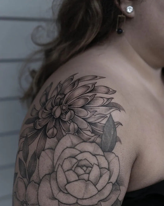 Big Black and Grey Chrysanthemum and Rose Tattoo on Women Shoulder by @inthemirrortattoo