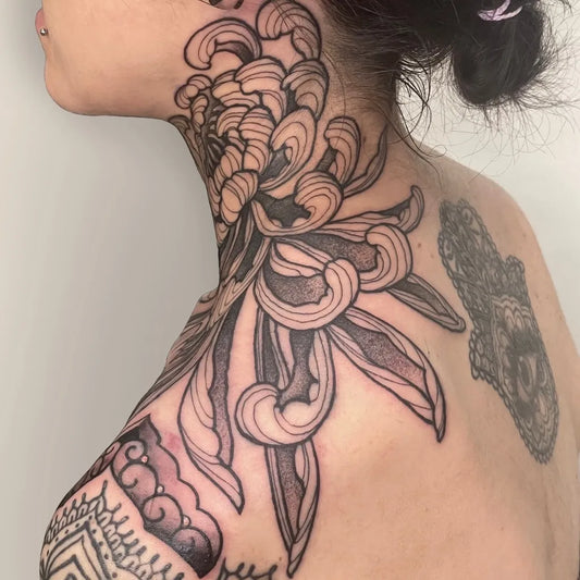 Big Black and Grey Chrysanthemum black skull Tattoo on Women Neck by @catlolitattoo