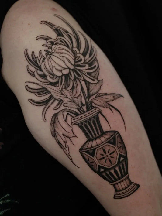 Big Black and Grey Chrysanthemum in White Vase Tattoo on Men Arm by @tasminpatriciatattoo