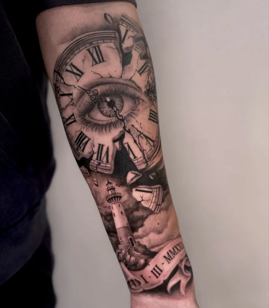 Big Black and Grey Clock Eye Lighthouse Tattoo on Men Arm by @angie_urielatattoo