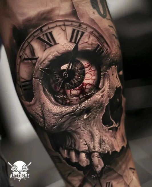Big Black and Grey Clock Eye Skull Tattoo on Men Arm by @arttdome