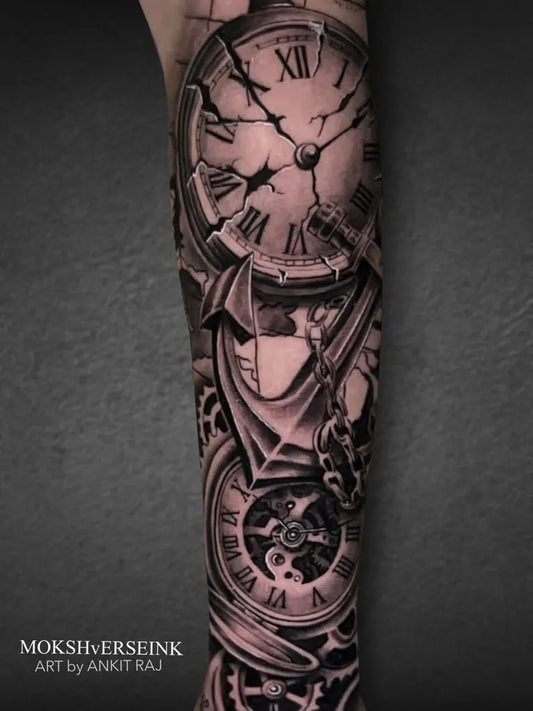Big Black and Grey Clock Gears and Chain Tattoo on Men Arm by @ankitrajmahant