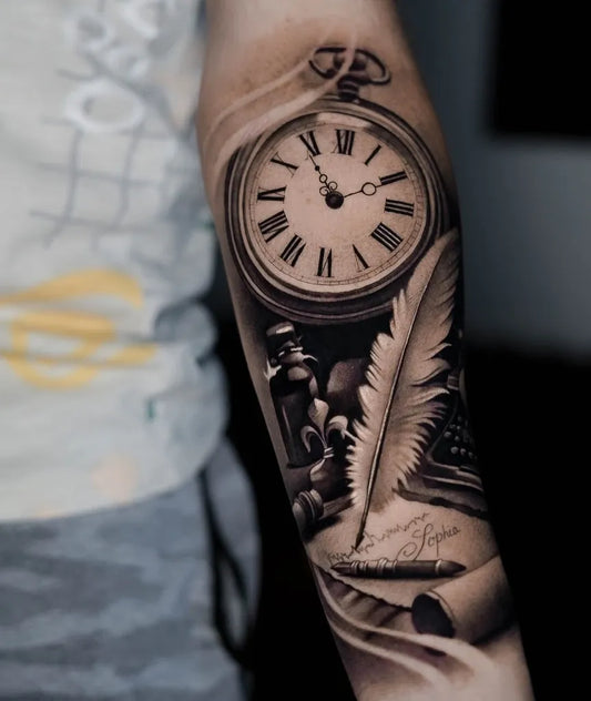Big Black and Grey Clock Quill Scroll Tattoo on Men Arm by @fabiopasserini_