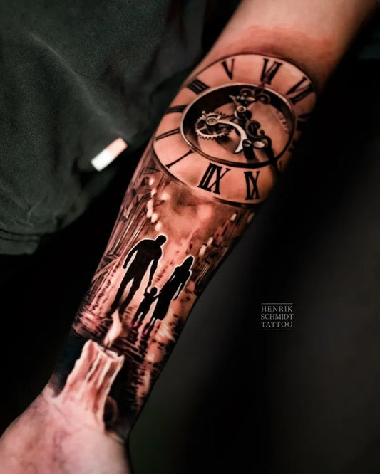 Big Black and Grey Clock Silhouette Family Forearm Tattoo on Women by @henrikschmidt_tattoo