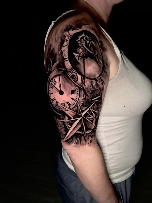 Big Black and Grey Clock and Compass Tattoo on Women Arm by @devilsdaughters