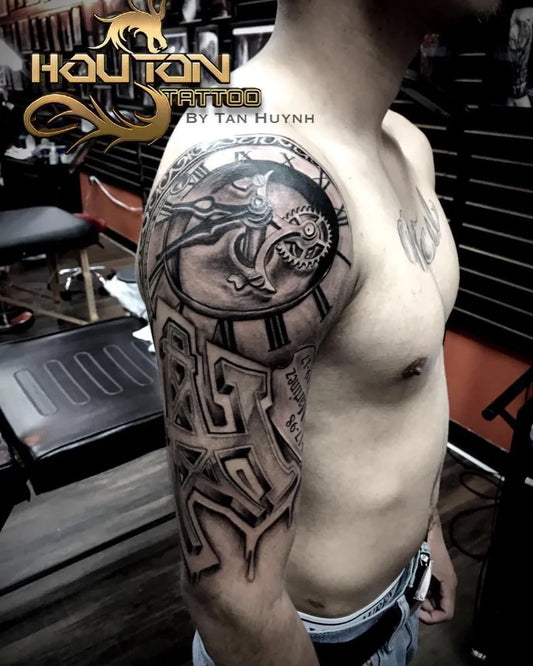 Big Black and Grey Clock and Dragon Tattoo on Men Arm by @tanhuynh_tattoo