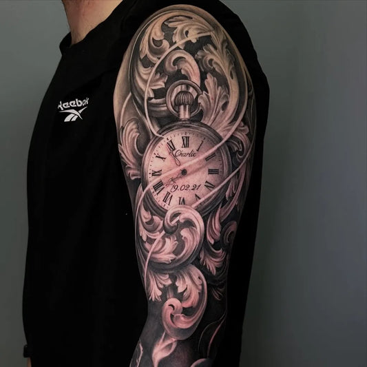 Big Black and Grey Clock and Floral Elements Tattoo on Men Arm by @brett_duvi