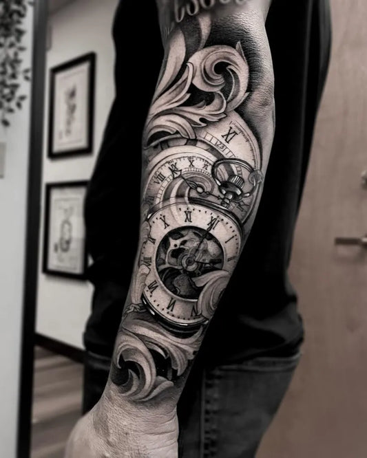 Big Black and Grey Clock and Gears Tattoo on Men Arm by @rinktattoos
