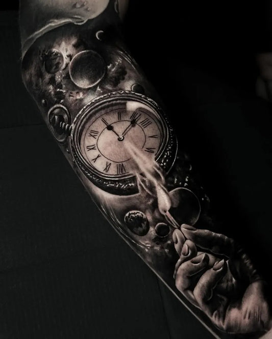 Big Black and Grey Clock and Planets Tattoo on Men Arm by @morganduchdubh_ta