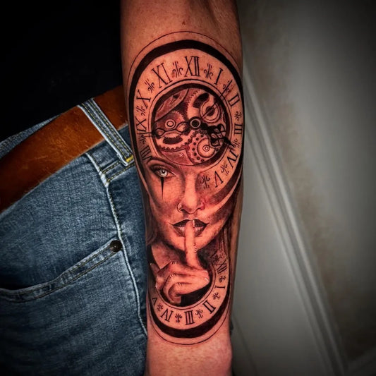 Big Black and Grey Clock and Woman Portrait Tattoo on Men Arm by @ox.t.tatt