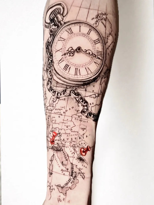Big Black and Grey Clock with Map and Chain Tattoo on Men Arm by @tattoobycoco