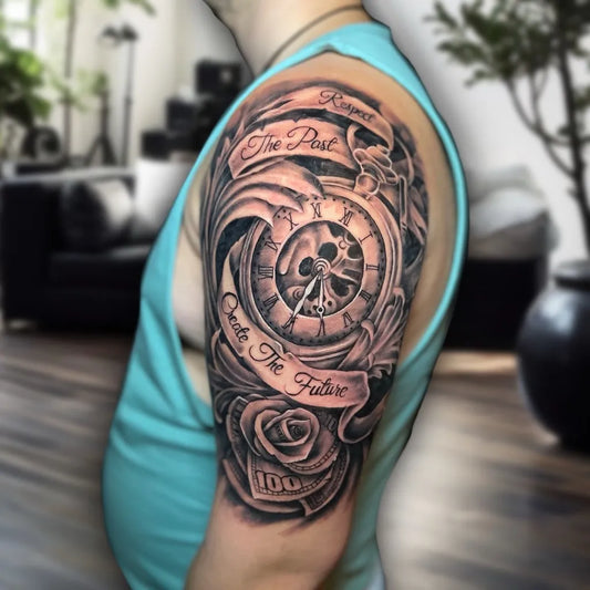 Big Black and Grey Clock with Money and Banner Tattoo on Men Shoulder by @vande_tattoo