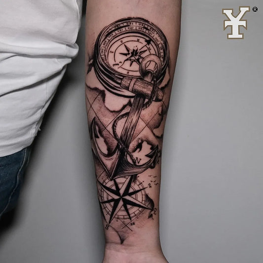 Big Black and Grey Compass Anchor Map on Men Arm Tattoo by @yankeetattooink