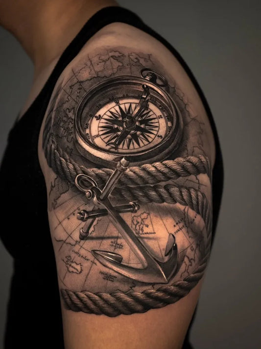 Big Black and Grey Compass Anchor Rope on Men Shoulder Tattoo by @mstattooer