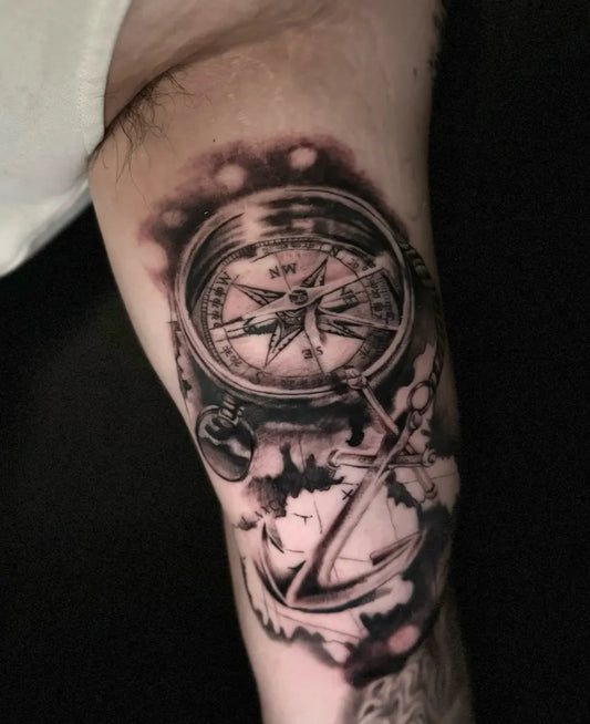 Big Black and Grey Compass Anchor Rose on Men Arm Tattoo by @feiji.tattoo