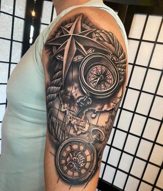Big Black and Grey Compass Clock Globe Nautical Tattoo on Men Arm by @chrisdixontattoo