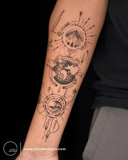 Big Black and Grey Compass Globe Mountains on Men Arm Tattoo by @circletattooindia