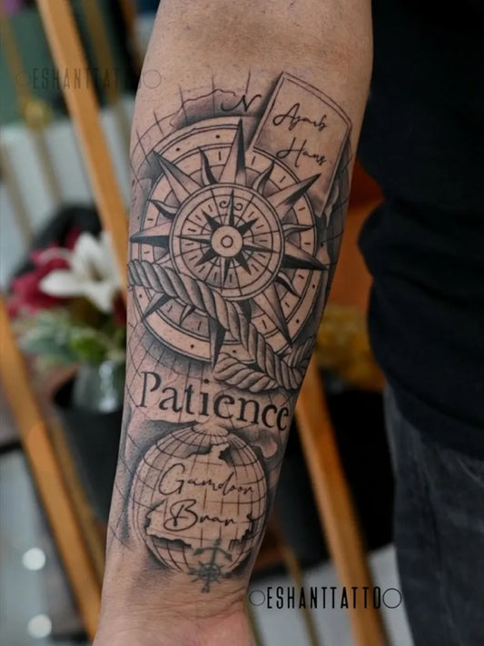 Big Black and Grey Compass Globe Patience on Men Arm Tattoo by @eshanttattoo