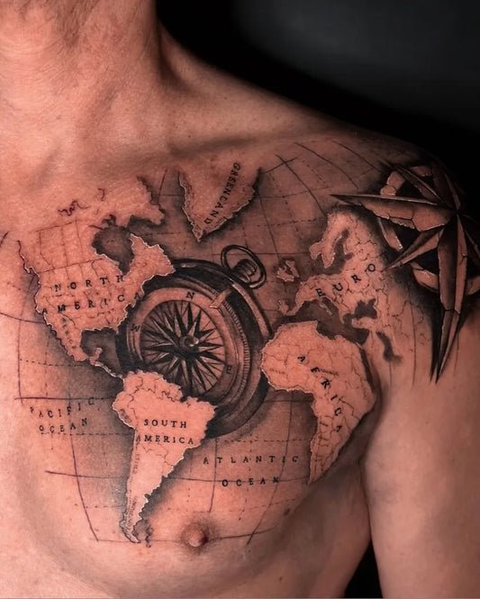 Big Black and Grey Compass Globe on Men Shoulder Tattoo by @skinnspirittattoos