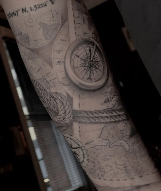 Big Black and Grey Compass Map Rope on Men Arm Tattoo by @_daniele_falzone_
