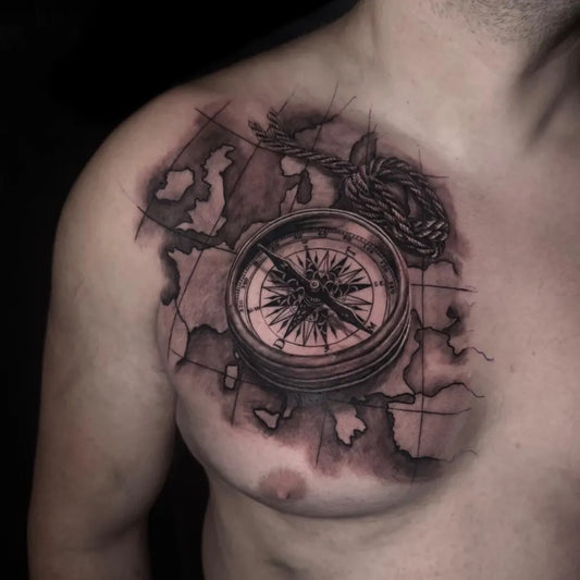 Big Black and Grey Compass Map Rope on Men Chest Tattoo by @redemptiontattoostudios