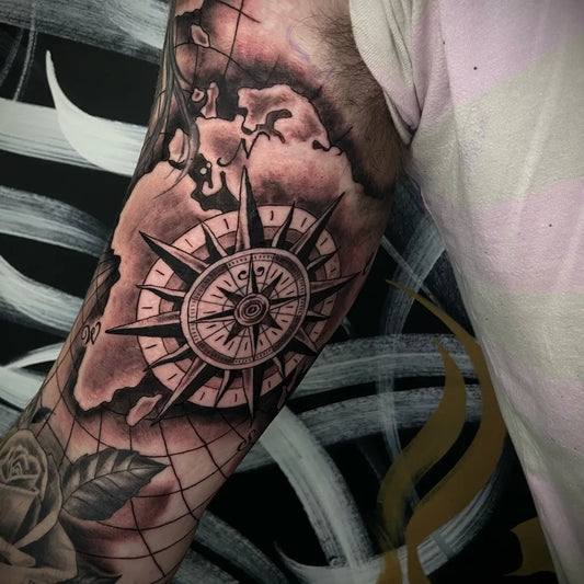 Big Black and Grey Compass Map on Men Arm Tattoo by @ruthless_artist