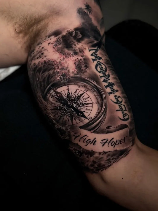 Big Black and Grey Compass Mom High Hopes on Men Arm Tattoo by @orlandokingstattoo