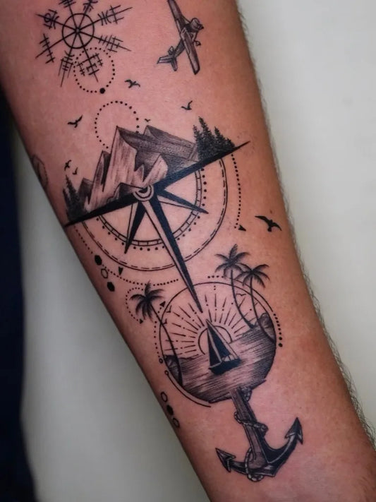 Big Black and Grey Compass Mountains Boat on Men Arm Tattoo by @ginktattooz