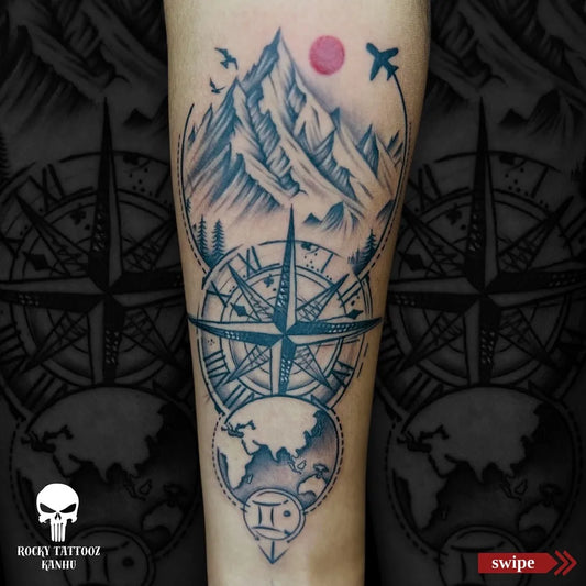 Big Black and Grey Compass Mountains and Globe on Men Arm Tattoo by @rocky_tattooz