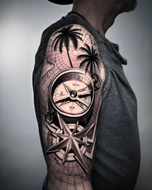 Big Black and Grey Compass Palm Trees Netting on Men Arm Tattoo by @tattoovicestudio