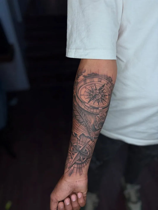 Big Black and Grey Compass Rose and Ship on Men Arm Tattoo by @suntattoozstudio